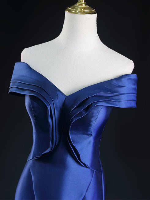 Royal Blue Satin Mermaid Wedding Dress - Off-Shoulder Wedding Dress - Corset Wedding Dress Plus Size
